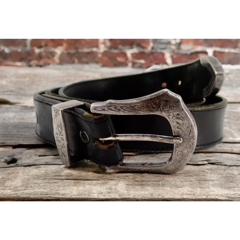 Genuine Black Leather Belt Silver Buckle Casual Men's Size 40 Solid 1